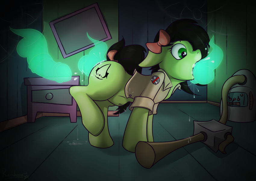 absurd_res accessory anal anal_sex black_hair bodily_fluids clothed clothing cum cum_in_ass cum_in_mouth cum_inside cutie_mark earth_pony emerald_blade_(oc) equid equine fan_character fellatio female friendship_is_magic genital_fluids genitals ghost_sex green_body green_eyes green_skin hair hair_accessory hasbro hi_res horse mammal my_little_pony oral penetration penile penis pony rainihorn ribbons sex solo translucent translucent_penis