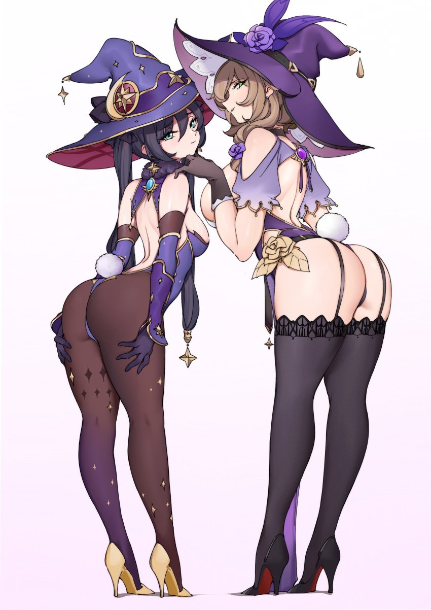 2girls ass big_breasts breasts bunny_tail butt dat_ass eye_contact female female_only genshin_impact gold_heels hat high_heels huge_ass lamsass legwear leotard lisa_(genshin_impact) long_hair looking_at_viewer mature_female milf mona_(genshin_impact) multiple_girls pantyhose size_difference thick_thighs thighhighs thighs twintails witch witch_hat