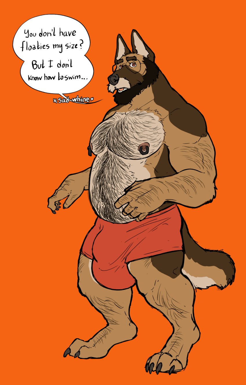 anthro balls beard big_balls bulge canid canine canis domestic_dog douglas_kim facial_hair genitals german_shepherd hairy herding_dog hi_res male male_only mammal muscular nipple_piercing nipples pastoral_dog piercing solo