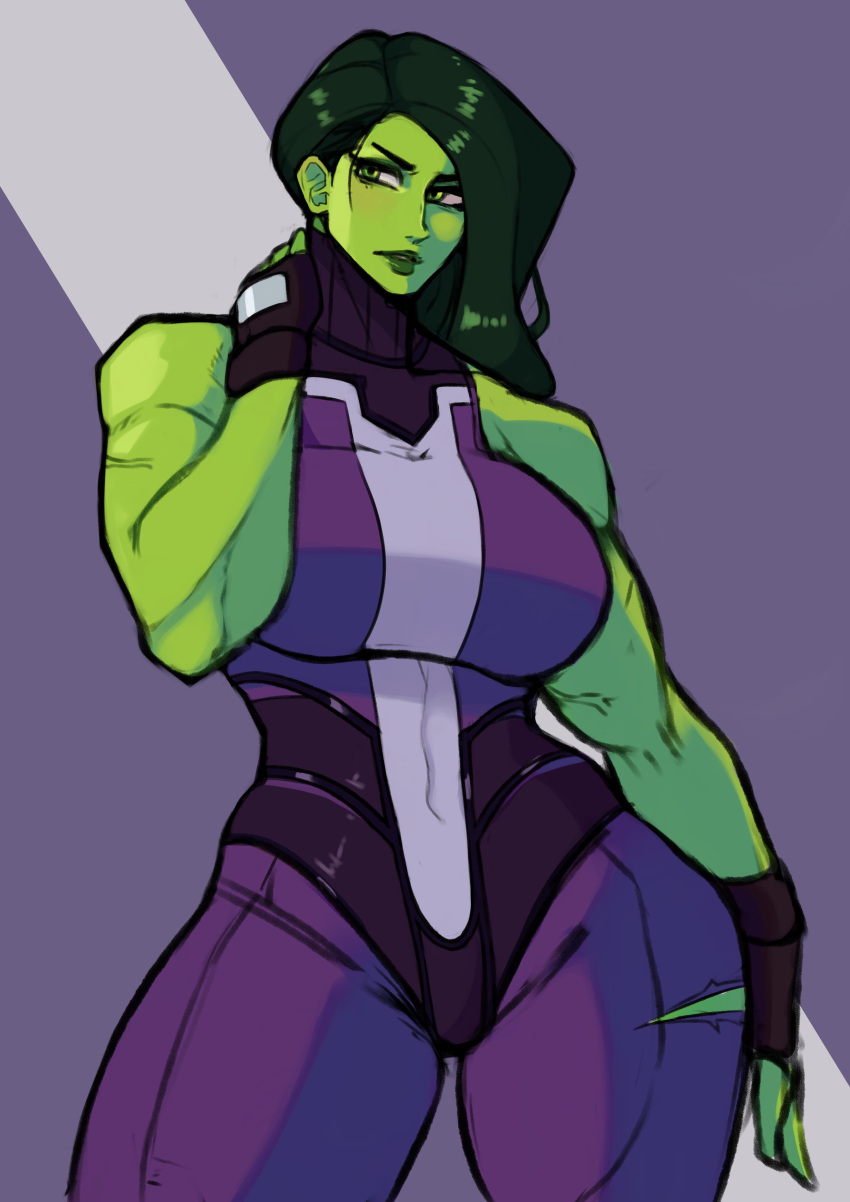 1girls anime_style big_breasts dark_green_hair female female_only fingerless_gloves fortnite fully_clothed gloves green_eyes green_hair green_skin hulk_(series) marvel marvel_comics muscular muscular_female purple_bodysuit ripped_pants safe sfw she-hulk she-hulk_(fortnite) simple_background solo solo_female superhero_costume thick_thighs twitter_username unitard zpark