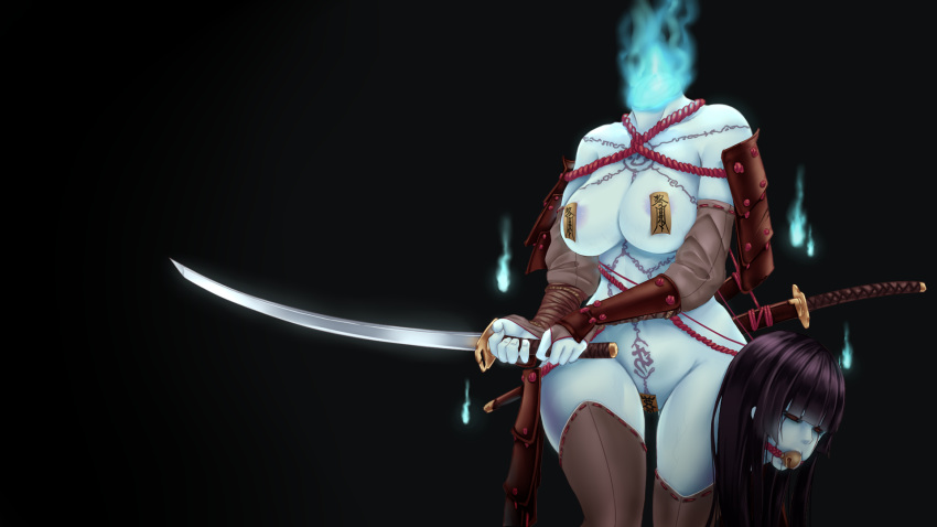 16:9 armor armwear ball_gag bangs big_breasts black_eyes black_hair blue_body blue_skin breasts clothed clothing decapitated_head dullahan elbow_gloves female fire gag gagged gloves glowing hair handwear headless hi_res holding_object holding_weapon humanoid katana legwear long_hair melee_weapon partially_clothed red_rope rope samurai solo sword tattoo thigh_highs undead warrior weapon widescreen yakou zombie