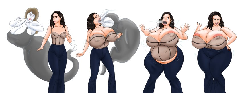 belly_expansion black_hair body_invasion ghost huge_breasts large_breasts looking_pleasured nipple_slip possession saturnxart sequence simple_background transformation