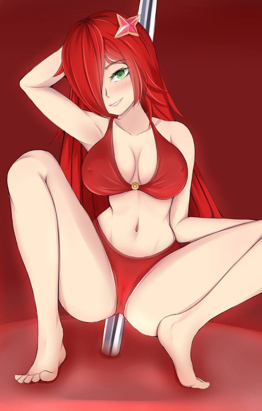 1girls big_breasts deworks green_eyes hand_behind_head league_of_legends miss_fortune open_legs red_hair red_underwear riot_games seductive seductive_smile smiling smiling_at_viewer star_guardian_miss_fortune stripper stripper_pole