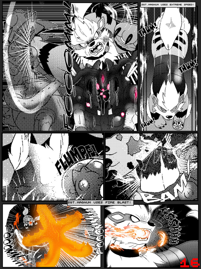 angry arcanine battle bluebean bodily_fluids body_horror death duo english_text feral fire genitals hi_res male monochrome nintendo pokemon pokemon_(species) pussy scyther speed_lines tentacle text video_games violence white_eyes