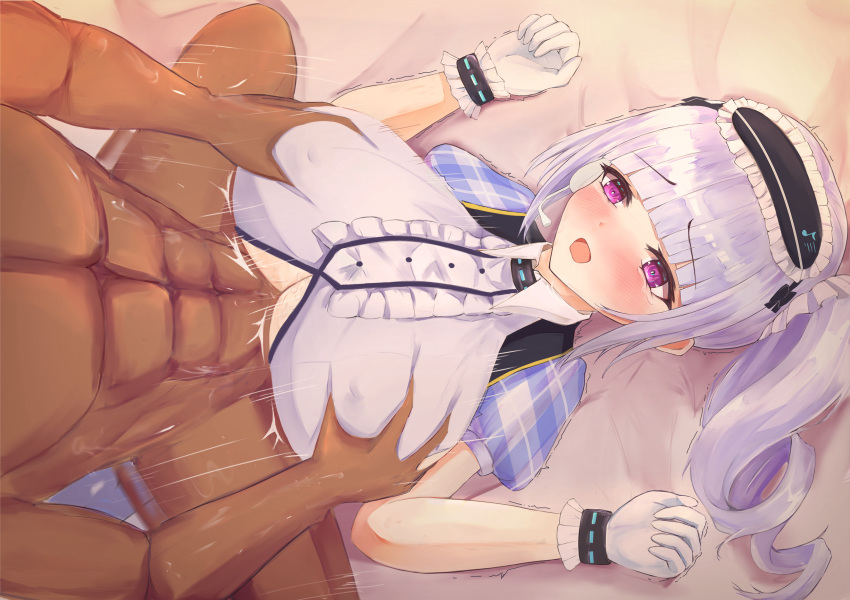 1boy 1girls abs azur_lane blush breast_squeeze breasts center_frills clothing_cutout dark-skinned_male dark_skin dido_(azur_lane) dido_(muse)_(azur_lane) eyebrows_visible_through_hair female frills gloves highres interracial large_breasts light-skinned_female light_purple_hair light_skin lying on_back paizuri paizuri_under_clothes purple_eyes royal_navy_(azur_lane) shirt short_sleeves side_ponytail straddling takahasho underboob underboob_cutout white_gloves white_shirt wrist_cuffs