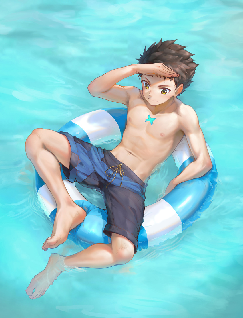 1boy beitemian betm brown_hair buoy inflatable lake male_only nipples ocean rex_(xenoblade) solo_male swimsuit swimwear tagme water xenoblade_(series) xenoblade_chronicles_2