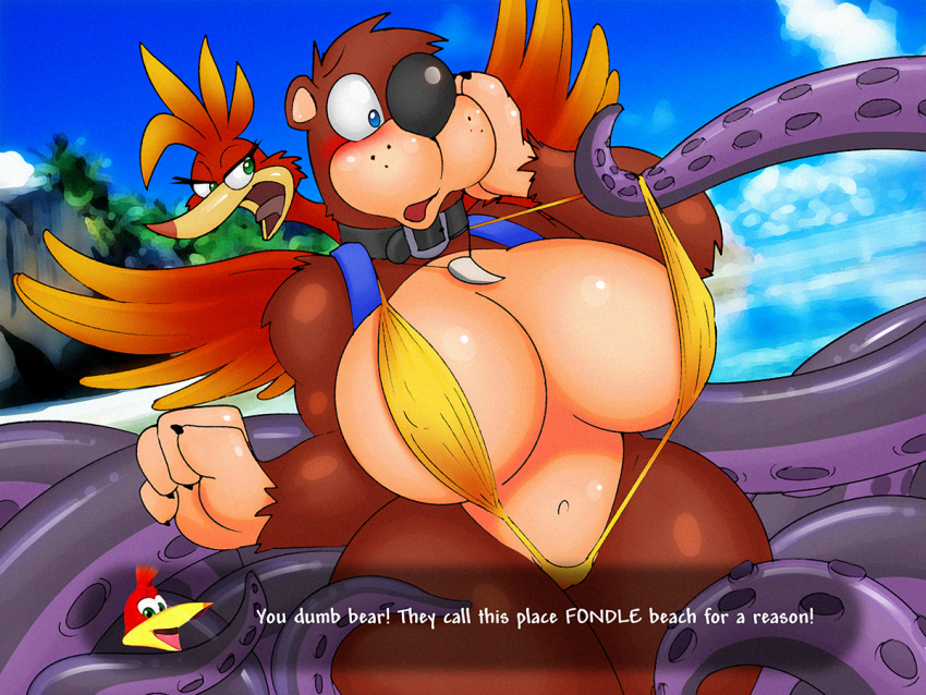 anthro anthro_only backpack bag banjo-kazooie banjo_(banjo-kazooie) bear big_breasts bikini bimbo bird bouncy breasts clothing curvy dracojeff fem_banjo female genderswap genderswap_(mtf) imminent_rape kazooie neckwear rareware rule_63 sling_bikini swimwear