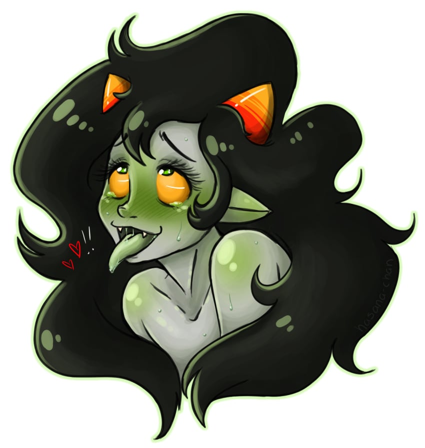 1girls ahe_gao black_hair blush fangs green_eyes grey_skin hasana-chan homestuck horns long_hair meulin_leijon ms_paint_adventures solo sweat tongue tongue_out transparent_background troll