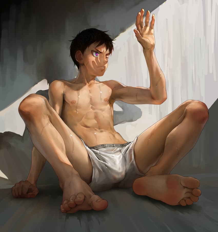 1boy beitemian betm black_hair bulge enen_no_shouboutai fire_force kusakabe_shinra male male_only red_eyes shinra_kusakabe solo solo_male sunlight tagme underwear undressed white_underwear