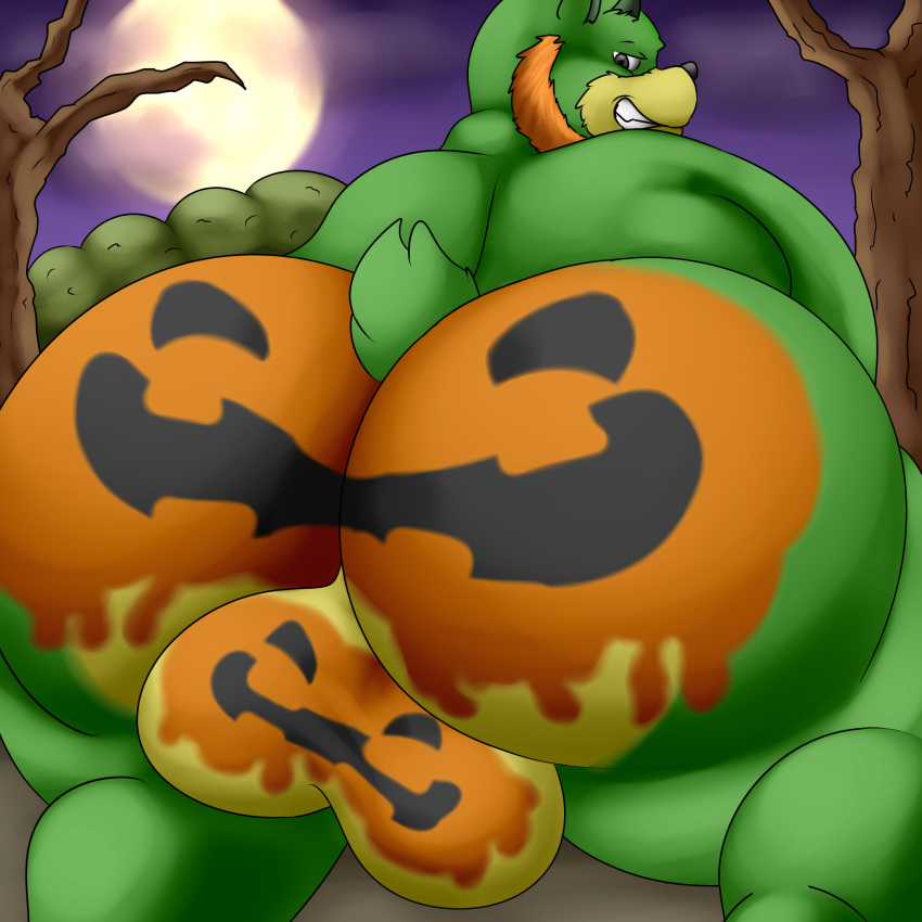 1:1 anthro ass facial_hair food fruit halloween halloween_2020 hi_res holidays male male_only night noop nude overweight overweight_male plant pumpkin pumpkin_balls pumpkin_butt rufus rufus_(the_dreamstone) solo the_dreamstone thevillager