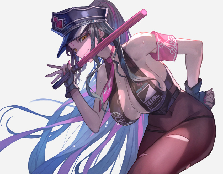 bikini black_hair bodystocking fate/grand_order fate_(series) female fingerless_gloves holding_object holding_weapon lack latex_gloves looking_at_viewer medium_breasts multicolored_hair pink_hair pink_tie police police_hat ponytail sesshouin_kiara sesshouin_kiara_(swimsuit_mooncancer)_(fate) smiling tearing_clothes traffic_baton yellow_eyes