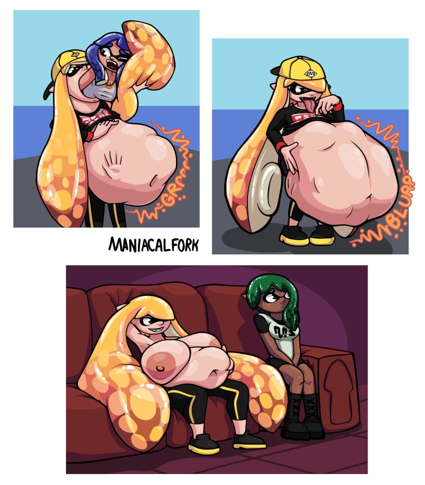 absurd_res big_breasts breasts cephalopod clothed clothing duo female female/female furniture hi_res huge_breasts humanoid hyper hyper_breasts inkling inkling_girl maniacalfork marine mollusk nintendo nipples oral_vore overweight overweight_female same_size_vore sofa splatoon stomach_bulge topless video_games vore weight_gain yuri