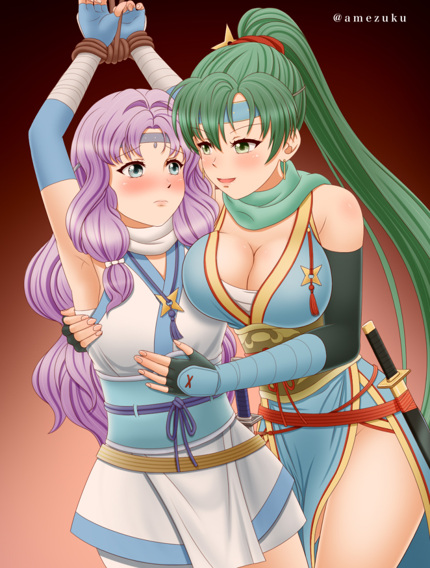 2girls amezuku armpits arms_up bare_legs bare_thighs blue_eyes blush bondage cleavage female_only fire_emblem fire_emblem:_the_blazing_blade fire_emblem_heroes florina_(fire_emblem) florina_(ninja)_(fire_emblem) green_eyes green_hair large_breasts lyn_(fire_emblem) lyn_(ninja)_(fire_emblem) ninja nintendo ponytail purple_hair small_breasts smile yuri