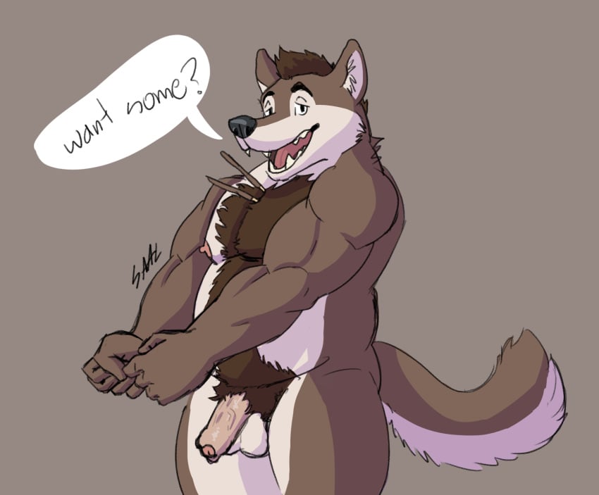 anthro balls barazoku body_hair canid canine canis chest_fur chest_hair flaccid food genitals hair hi_res humanoid_genitalia humanoid_penis male male_only mammal muscular muscular_anthro muscular_male penis pocky pocky_day pubes slightly_chubby solo strawberry_saal travis_(arkaeus_skyborn) wolf