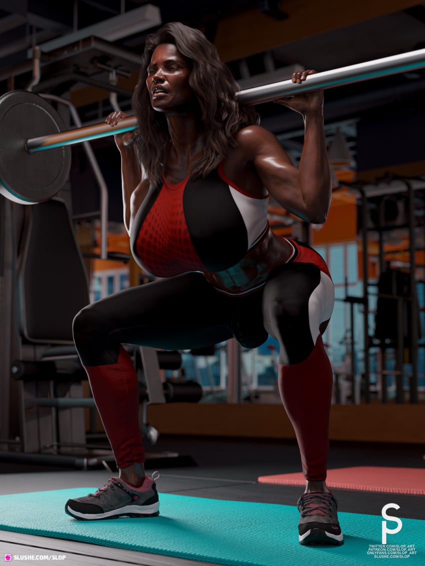 1futa 2020 2020s 3d big_breasts breasts bulge closed_eyes dark-skinned_futanari dark_hair dark_skin dumbell fitness futa_only futanari weightlifting weights yoga_pants