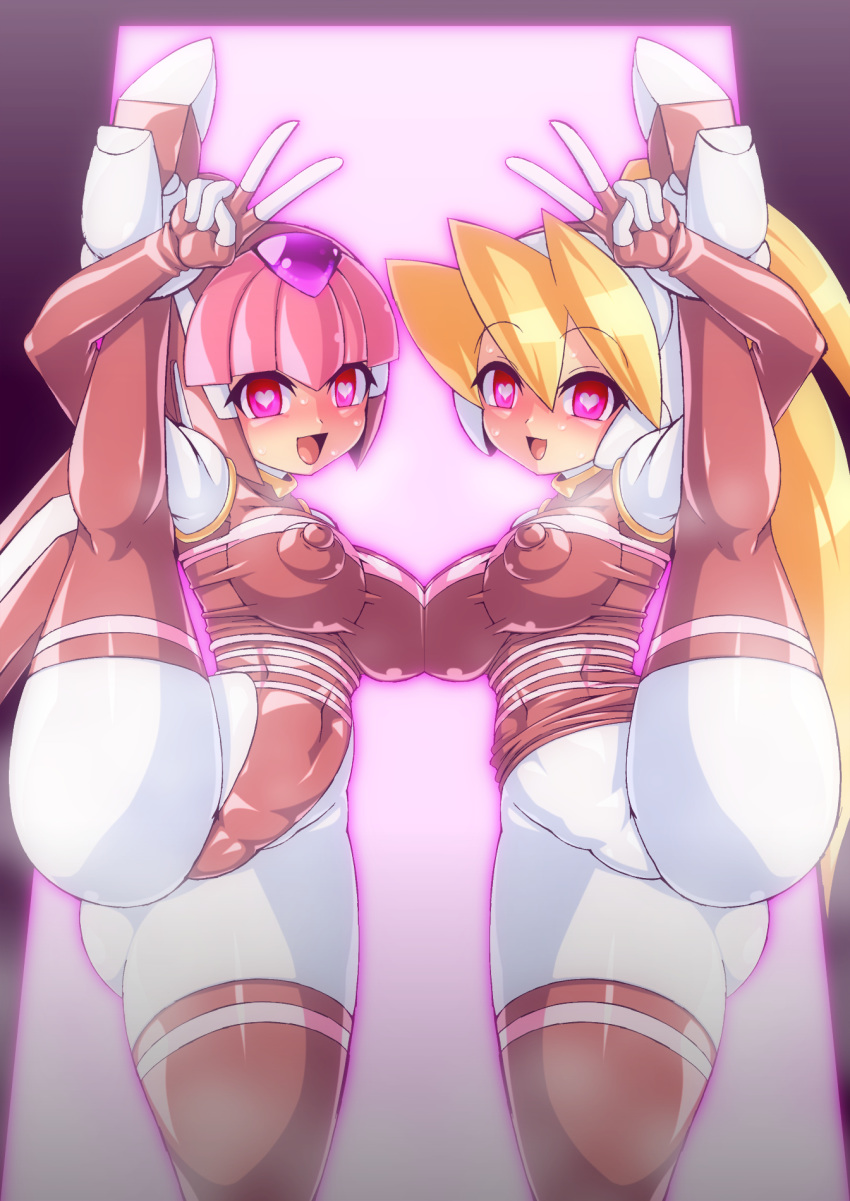 2girls breast_to_breast ciel_(mega_man) erect_nipples fairy_leviathan female female_only happy heart-shaped_pupils mega_man mega_man_zero mind_control multiple_girls nipples_visible_through_clothing semikichi smile tagme