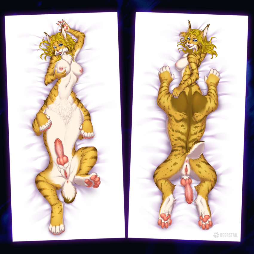 1:1 1futa 2020 4_toes anthro anus blonde_hair body_pillow breasts dakimakura_design dakimakura_pillow deerstail erection felid feline furry futa_sans_balls futanari genitals gynomorph hair herm hi_res intersex lying lynx mammal nipple_barbell nipple_piercing nipples nude penis piercing pillow pussy shorttail solo solo_futa taur toes