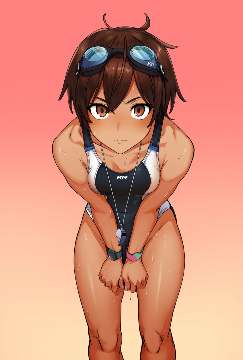 athletic athletic_female brown_hair goggles_on_head human human_only kr_ohoshisama looking_at_viewer medium_breasts one-piece_swimsuit short_hair simple_background solo solo_female solo_focus standing swimsuit swimwear tanned_skin thighs tomboy very_short_hair watch