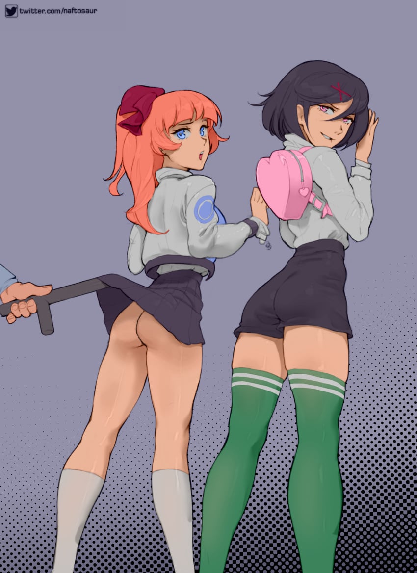 2girls ass backpack bag baton biting_lip black_hair blue_eyes clothing edit female femsub human jacket kunio-kun kyoko_(kunio-kun) legwear letterman_jacket long_hair looking_at_viewer looking_back male misako_(kunio-kun) multiple_girls multiple_subs naftosaur no_panties orange_hair outerwear police ponytail river_city_girls short_hair skirt skirt_lift thighhighs tonfa varsity_jacket