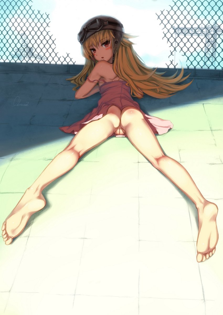 1girls ass back bakemonogatari bare_shoulders barefoot blonde_hair blush bottomless bubble_ass bubble_butt butt chain-link_fence dress edit feet female fence goggles hairless hairless_pussy helmet highres kneepits legs long_hair looking_at_viewer looking_back lying monogatari_(series) no_panties observerz oshino_shinobu outdoors pussy red_eyes shade slender_waist small_breasts soles solo spread_legs strap_slip toes upskirt vampire yellow_eyes young young_female young_woman