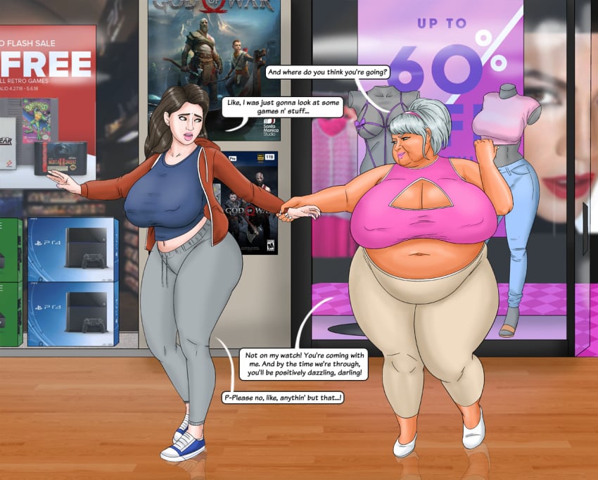 bimbo bimbofication brown_hair comic dialogue gamer gamestop genderswap_(mtf) gilf grey_hair huge_breasts mall milf obese rule_63 saturnxart tanned_skin