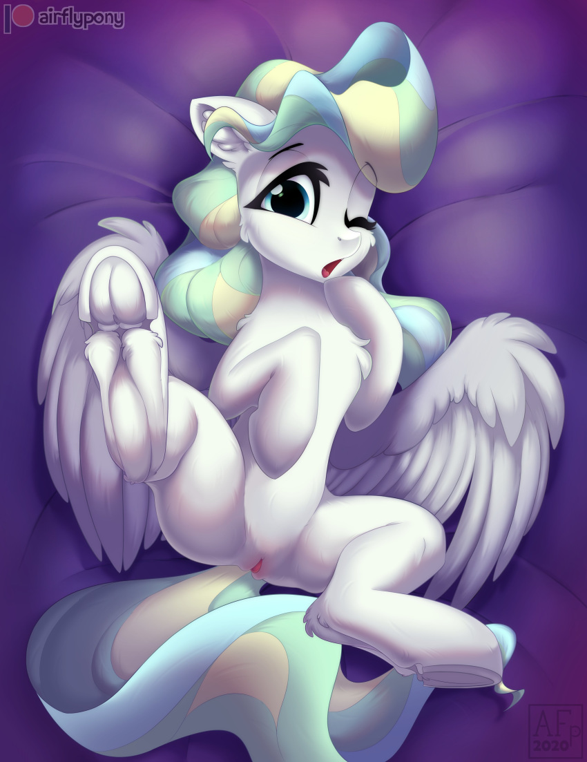 absurd_res airfly-pony blue_eyes digital_media_(artwork) equid equine feathers female feral genitals hair hasbro hi_res horse lying mammal mane my_little_pony on_back open_mouth pony pussy solo spread_legs spreading white_body wings