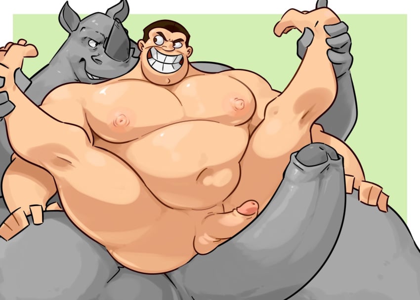 anthro anthro_on_human big_penis disney disney_channel duo gay genitals horn huge_cock human kim_possible male male/male male_only mammal matainfancias musclegut navel nipples pecs penis rhinocerotoid sitting_on_penis size_difference steve_barkin yaoi