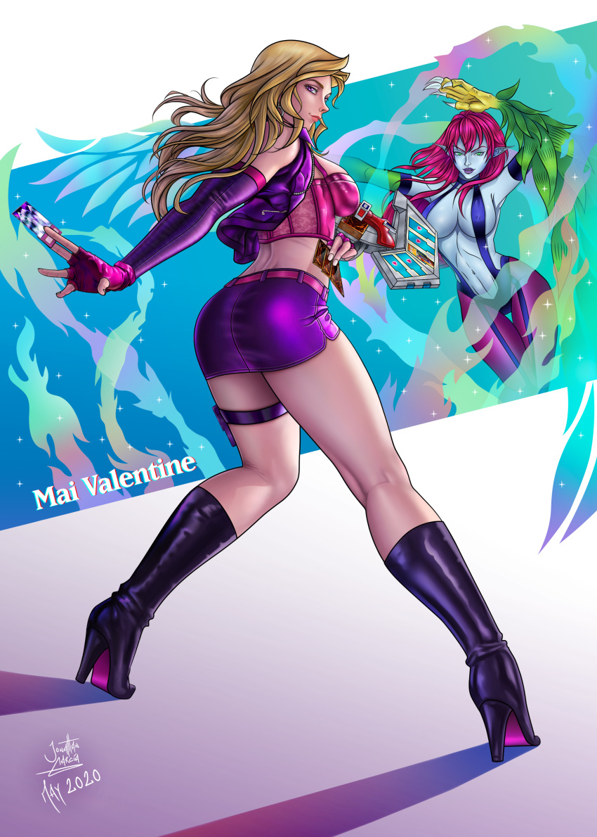 2girls ass blonde_hair boots breasts cards cleavage corset duel_disk duel_monster female female_only full_body green_eyes harpie_lady heel_boots heels high_heels legs long_hair looking_back mai_valentine pencil_skirt pink_eyes pink_hair skirt smile tight_skirt yu-gi-oh!