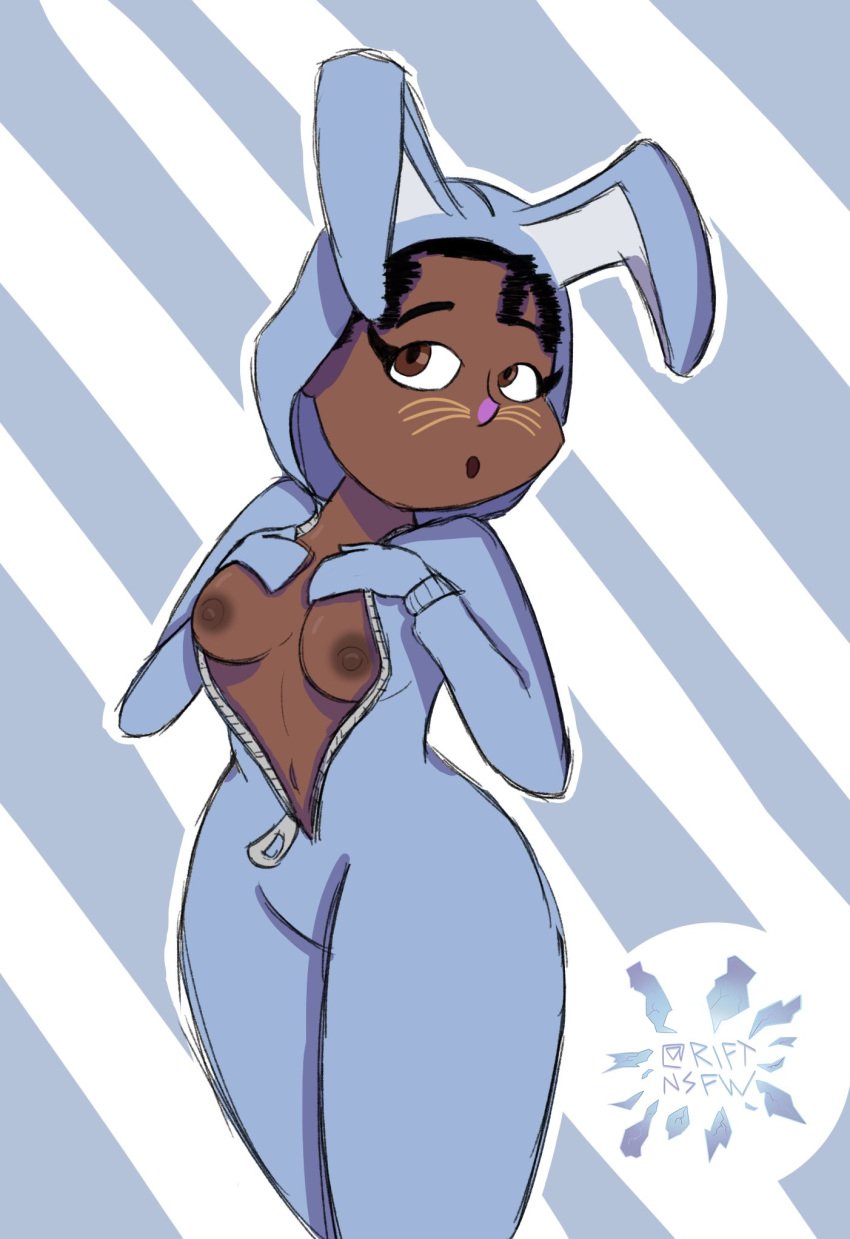 areolae breasts bunny_brawler bunny_costume bunny_ears curly_hair dark-skinned_female dark_skin female fortnite luna_(fortnite) nipples nude riftnsfw tagme