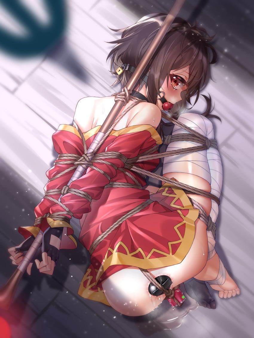 anal ball_gag bandage bondage brown_hair crying crying_with_eyes_open ginklaga kono_subarashii_sekai_ni_shukufuku_wo! megumin pale-skinned_female pale_skin pussy_juice red_eyes rope rope_bondage stocking tied_up vibrator wooden_floor