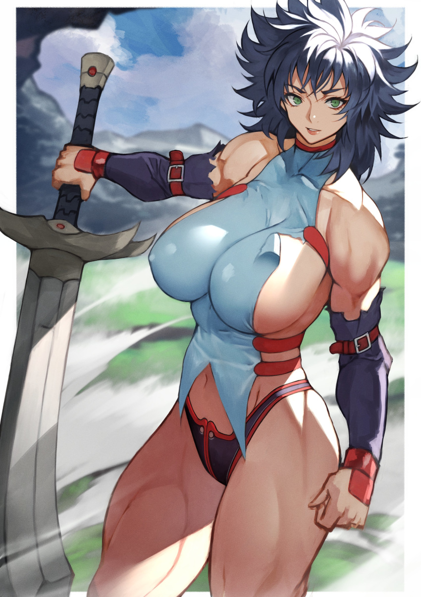 1girls 2020 bastard!! blue_hair breasts cowboy_shot curvaceous female female_only holding_weapon human kai_harn large_breasts light-skinned_female light_skin long_hair looking_at_viewer muscular_female muscular_thighs shounen_jump sideboob solo standing sword thick_thighs tight_clothing twitter_username warrior wide_hips yoshi55level