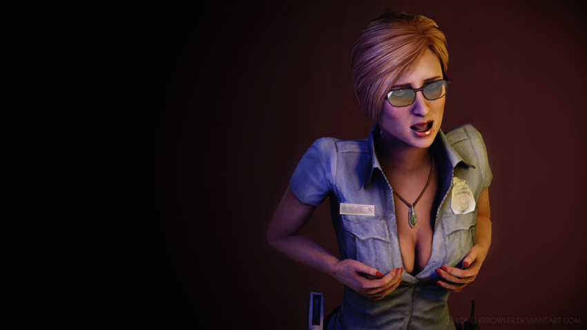 1girls 3d breast_squeeze cleavage cop cybil_bennett dead_by_daylight face female female_focus female_only glasses lonelyprowler police_uniform policewoman silent_hill silent_hill_shattered_memories xnalara