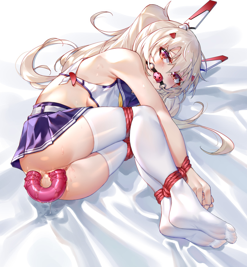 anal ayanami_(azur_lane) ayanami_(retrofit)_(azur_lane) azur_lane bondage clothing dildo feet gag ginklaga no_bra nopan pussy pussy_juice seifuku sex_toy skirt skirt_lift source_request thighhighs underboob