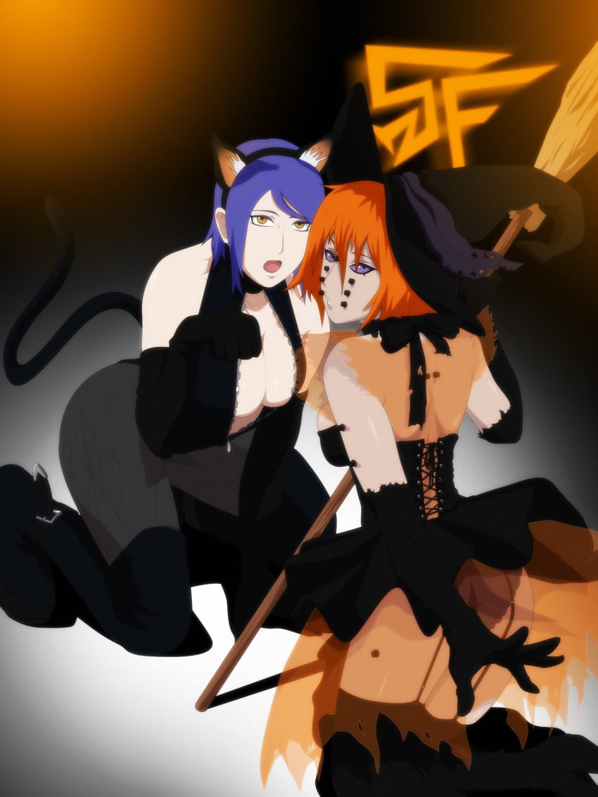 2girls ajisai_(naruto) animal_ears blue_hair breasts broom cat_tail catgirl cleavage cosplay costume detached_sleeves dress eyeshadow facial_piercing fake_animal_ears female female_only flower garter_belt garter_straps genderswap_(mtf) hairband halloween hat kneeling konan leotard lingerie makeup multiple_girls naruto naruto_(series) naruto_shippuden open_mouth orange_eyes orange_hair pain_(naruto) paw_pose purple_eyes purple_sclera rinnegan rule_63 stiky_finkaz stockings tail trick_or_treat unzipped witch witch_hat