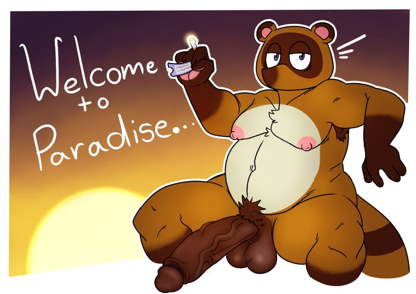 2020 4_fingers absurd_res animal_crossing anthro armpit_hair balls big_penis body_hair brown_balls brown_body brown_glans brown_penis brown_pubes canid canine chest_tuft cigarette dogmanart english_text fingers genitals glans glistening glistening_balls hi_res holding_object humanoid_genitalia humanoid_penis long_penis looking_at_viewer male male_only mammal narrowed_eyes nintendo nipples nude overweight overweight_male penis postcard pubes raccoon_dog solo spread_legs spreading tanuki text ticket tom_nook tuft vein veiny_penis video_games