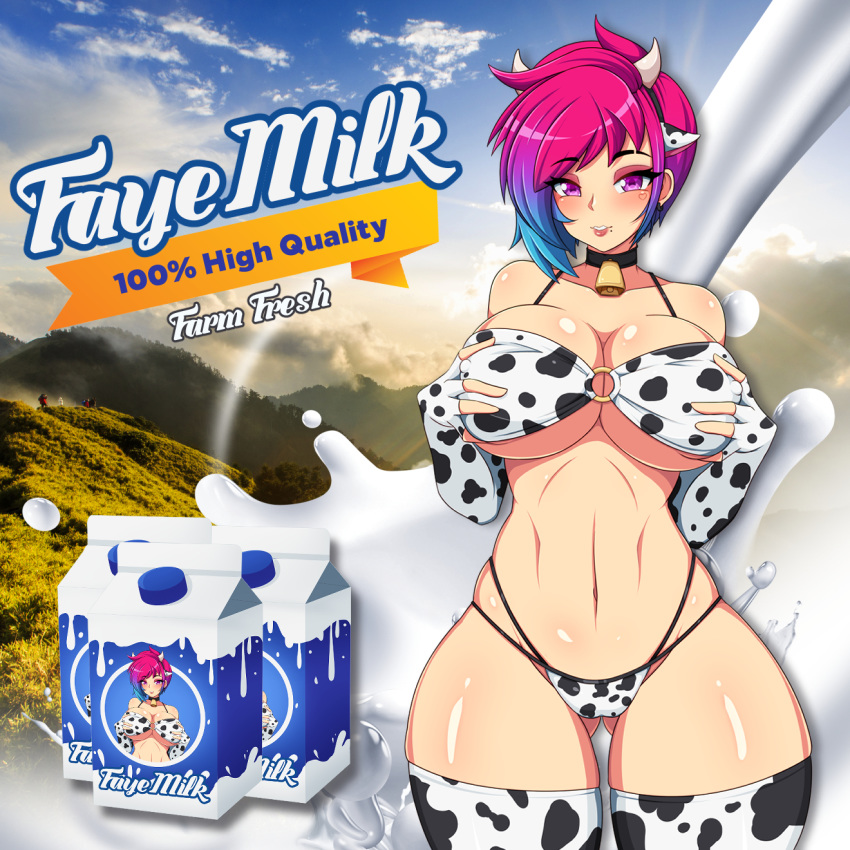 1girls animal_ears animal_print ass_visible_through_thighs bell bell_collar bikini breast_grab breasts collar covered_nipples cow_ears cow_horns cow_print elbow_gloves eyeshadow facial_tattoo fake_animal_ears fake_horns faye_(frenxir) female female_only female_solo fingerless_gloves frenxir gloves gradient gradient_hair hairband heart highleg highleg_bikini horns large_breasts lipstick looking_at_viewer makeup midriff milk mole mole_under_mouth multicolored_hair navel o-ring o-ring_bikini original purple_eyes revealing_clothes skimpy skimpy_clothes skindentation smile solo swimsuit tattoo thick_thighs thighhighs thighs toned wide_hips