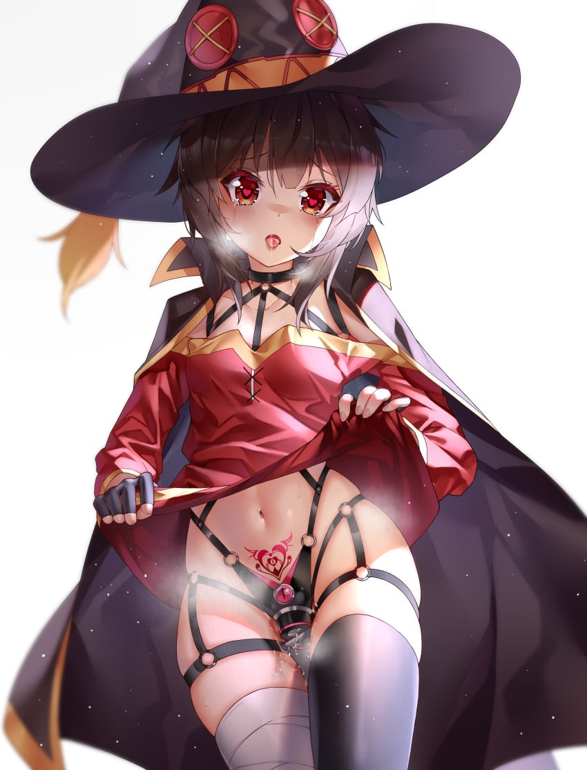 1girls bandages brown_hair dildo dildo_harness dress female female_only garter ginklaga hat kono_subarashii_sekai_ni_shukufuku_wo! megumin pantsu pubic_tattoo pussy_juice pussy_plug red_eyes skirt_lift small_breasts solo thighhighs witch