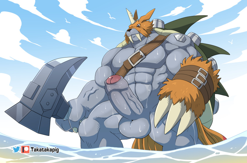 2020 anthro balls claws digimon digimon_(species) erection genitals grey_body horn humanoid_genitalia humanoid_penis male male_only muscular muscular_male pecs penis solo takataka water wet zudomon