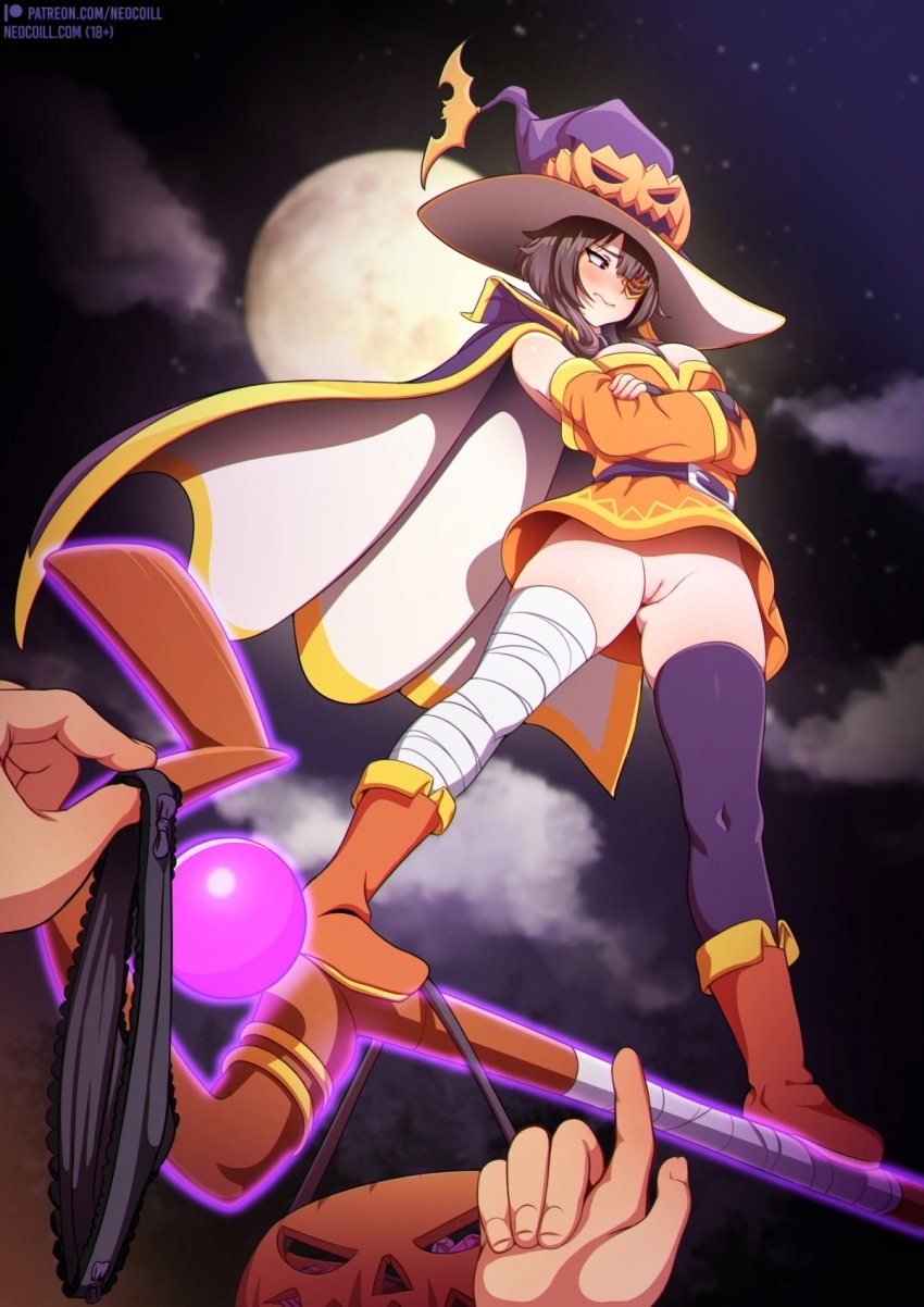 blush female female_focus kono_subarashii_sekai_ni_shukufuku_wo! light_skin long_hair looking_to_the_side medium_breasts megumin neocoill one_eye_covered panties panties_in_hand patch satou_kazuma wide_thighs