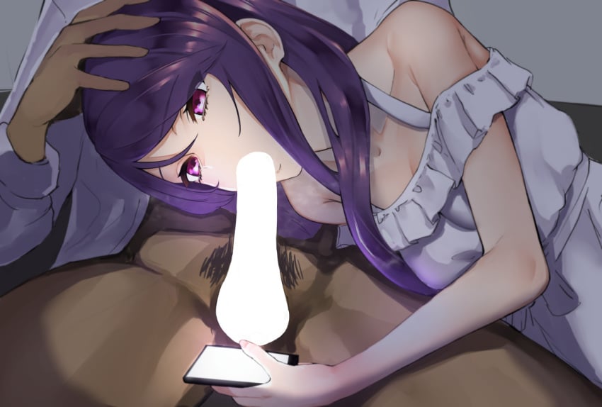 1boy breasts breath cellphone censored cleavage commentary dark-skinned_male dark_skin dress eyebrows_visible_through_hair fellatio female gundou_mirei hand_on_another's_head hcz_n holding holding_phone long_hair male medium_breasts nijisanji oral orientation_play penis phone purple_eyes purple_hair sitting sleeveless sleeveless_dress smartphone solo_focus straight virtual_youtuber white_dress