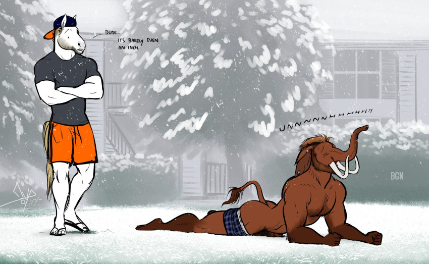 anthro ass bgn body_hair brown_penis clothing curtis_(bgn) dialogue duo elephantid equid equine erection genitals hi_res horse male male_only mammal mammoth masturbation miles_(mascot) moan outside penis proboscidean pubes public snow underwear underwear_down