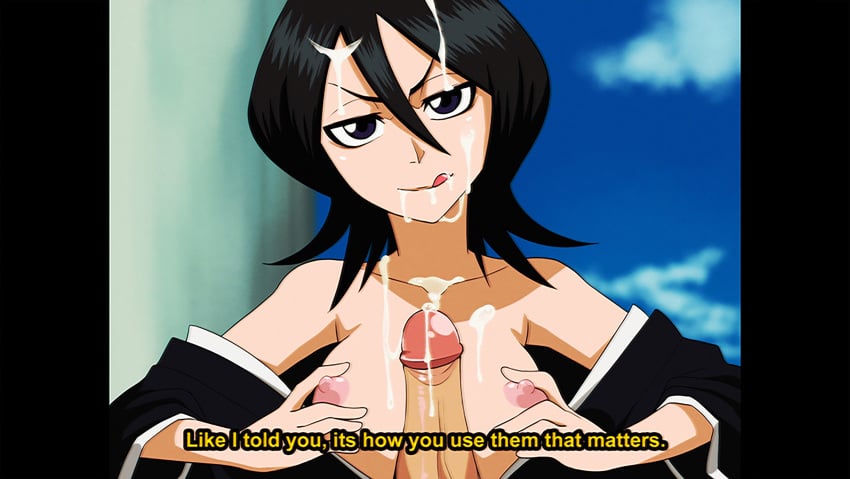 1boy 1girls alternate_version_available areolae black_hair bleach breasts_out cum cum_on_breasts cum_on_face cum_on_hair cum_on_penis dialogue dirtyero_(artist) ejaculation_between_breasts erect_nipples fake_screenshot female hands_on_breasts kuchiki_rukia licking_cum licking_lips looking_at_viewer male naizuri nipples paizuri penis pillarbox pov pov_eye_contact purple_eyes retro_artstyle smile solo_focus straight text tongue_out vhs_filter