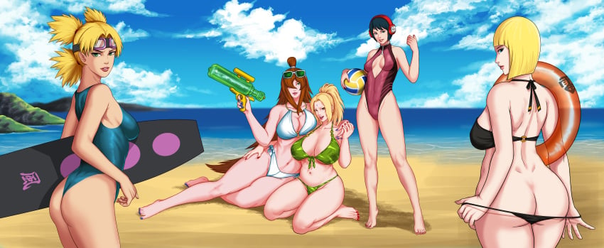 5girls ass bangs barefoot beach big_breasts bikini bikini_bottom_pull black_hair blonde_hair blue_eyes bob_cut breasts brown_eyes brown_hair cleavage facial_mark feet female female_only floater forehead_mark g8xxx goggles goggles_on_head green_eyes headphones high_resolution holding_object kneeling kurotsuchi lipstick long_hair looking_at_viewer looking_back makeup mei_terumi multiple_girls nail_polish naruto naruto_(series) naruto_shippuden nipples ocean ponytail quad_tails samui sand short_hair sideboob sitting standing sunglasses sunglasses_on_head surfboard swimsuit temari tied_hair topknot tsunade undressing very_high_resolution visible_nipples volleyball_(ball) water water_gun