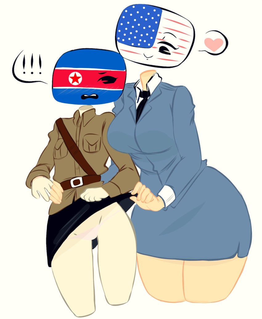 2girls american_flag angry assisted_exposure big_breasts blush breasts clothed clothing countryhumans countryhumans_girl duo female female_only flat_chest flawsy fully_clothed humanoid lifting_skirt north_korea north_korea_(countryhumans) north_korean_flag pale_skin panties petite size_difference skirt skirt_lift suit thick_thighs united_states_of_america united_states_of_america_(countryhumans) wide_hips