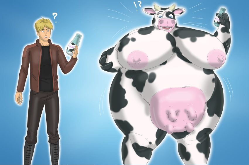 anthro bbw blonde_hair cowgirl cup_of_milk gender_transformation genderswap hooved_fingers hooves huge_belly huge_breasts looking_at_breasts milk rule_63 saturnxart shocked shocked_expression simple_background udders