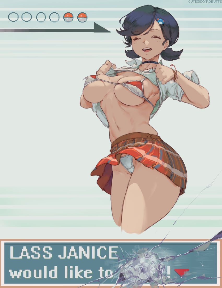 1girls absurd_res alternate_breast_size artist_name bad_censor barrette battle bikini bikini_top bracelet breasts broken_glass broken_screen casual censored censored_text choker cleavage closed_eyes clothing covering cutesexyrobutts english_text eyes_closed female female_only gameplay_mechanics hair_ornament hi_res human large_breasts lass_(pokemon) lass_(pokemon_rse) midriff nintendo npc_trainer pale-skinned_female panties pantyshot plaid plaid_skirt poke_ball pokemon pokemon_battle pokemon_rse shirt shirt_lift short_hair skirt smiling smiling_at_viewer solo source_request swimsuit text thick_thighs thighs twintails underboob visible_underwear