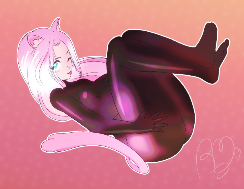 blep catgirl large_breasts latex latex_suit long_hair looking_at_viewer missmoonified mooni_(missmoonified) pink_hair png riley_moore_(artist) signature skin_tight suit tail thick_thighs winking