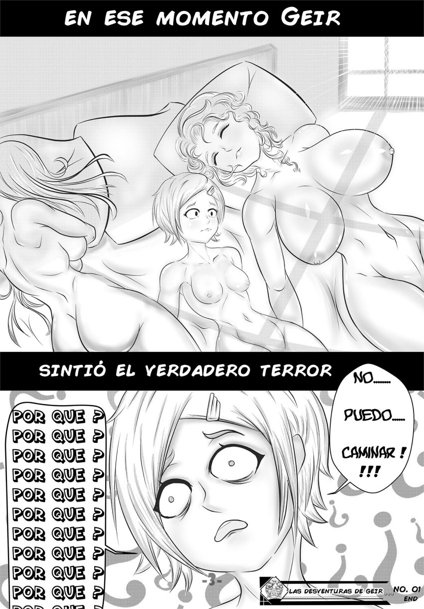 3girls aftermath aphrodite_(shuumatsu_no_valkyrie) breasts brunhild_(shuumatsu_no_valkyrie) göll_(shuumatsu_no_valkyrie) ikarikai_lovemist large_breasts medium_breasts meme multiple_girls scared short_hair shuumatsu_no_valkyrie spanish_text text translated unhappy_female