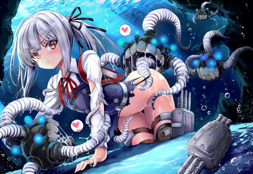 air_bubble all_fours black_dress bottomless brown_eyes bubble clothed_sex commission dress enemy_naval_mine_(kantai_collection) female flat_chest interspecies kantai_collection kasumi_(kantai_collection) kumakou long_hair long_sleeves neck_ribbon pinafore_dress red_ribbon remodel_(kantai_collection) restrained ribbon shinkaisei-kan shirt side_ponytail silver_hair skeb_commission sleeveless sleeveless_dress tentacle tentacle_sex thigh_strap torn_clothes torn_dress torn_shirt underwater white_shirt