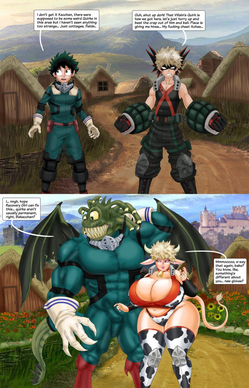 ass_expansion bimbo breast_expansion cow_ears cow_girl cow_print dialogue fantasy female_bakugou gazer gender_transformation genderswap green_skin green_tentacles hooves huge_breasts human_to_anthro human_to_monster izuku_midoriya katsuki_bakugou looking_pleasured monster mtf_transformation my_hero_academia poor_grammar saturnxart sequence species_transformation tail_growth tentacle thigh_expansion transformation what